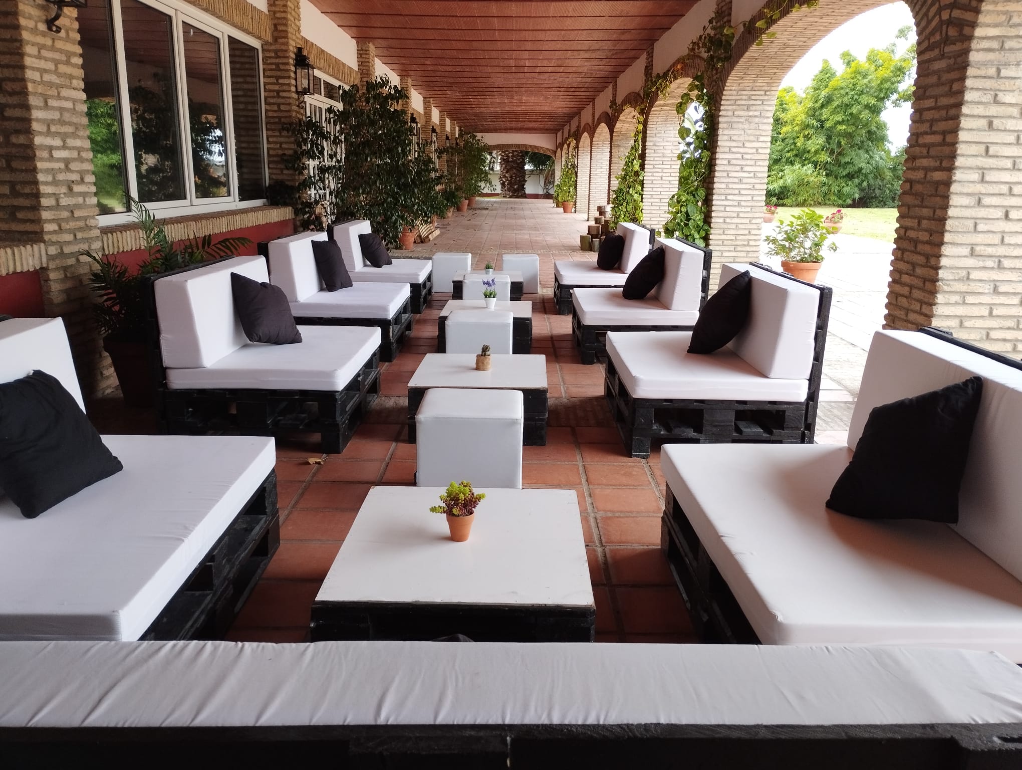 Montaje cóctel con sofás blancos zona lounge exterior