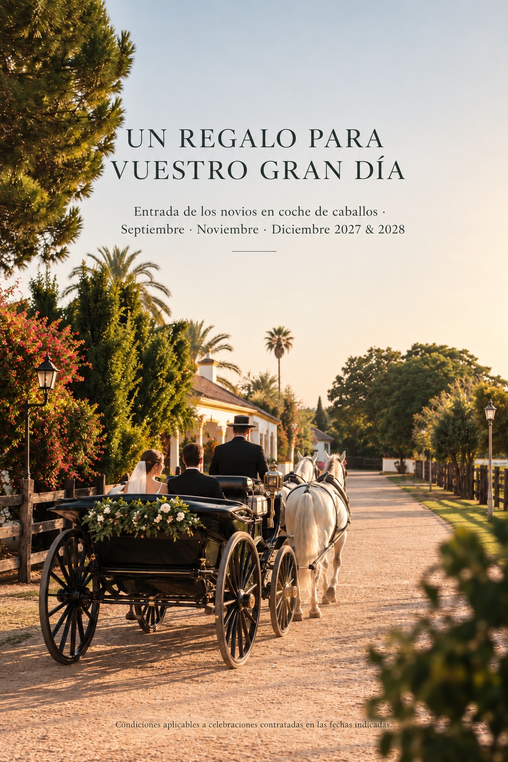 Un regalo para vuestro gran día: entrada de los novios en coche de caballos en septiembre, noviembre y diciembre de 2027 y 2028
